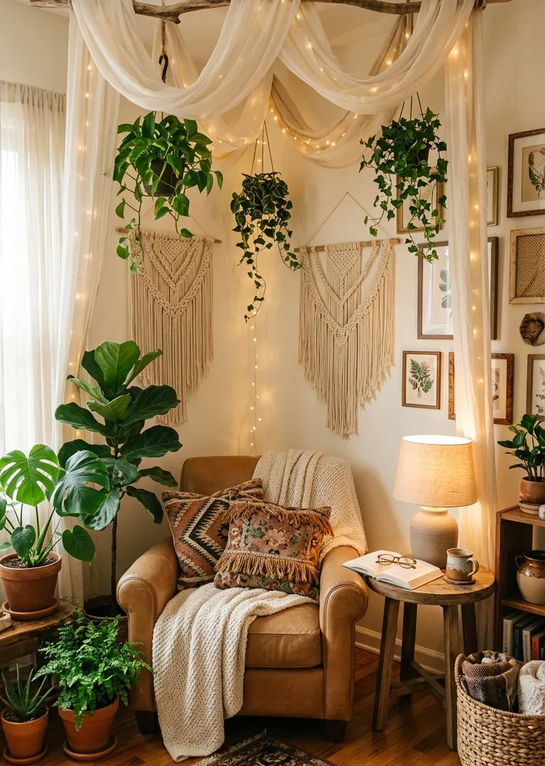 Boho canopy corner reading nook in bohemian living room decor, dreamy and cozy 2026