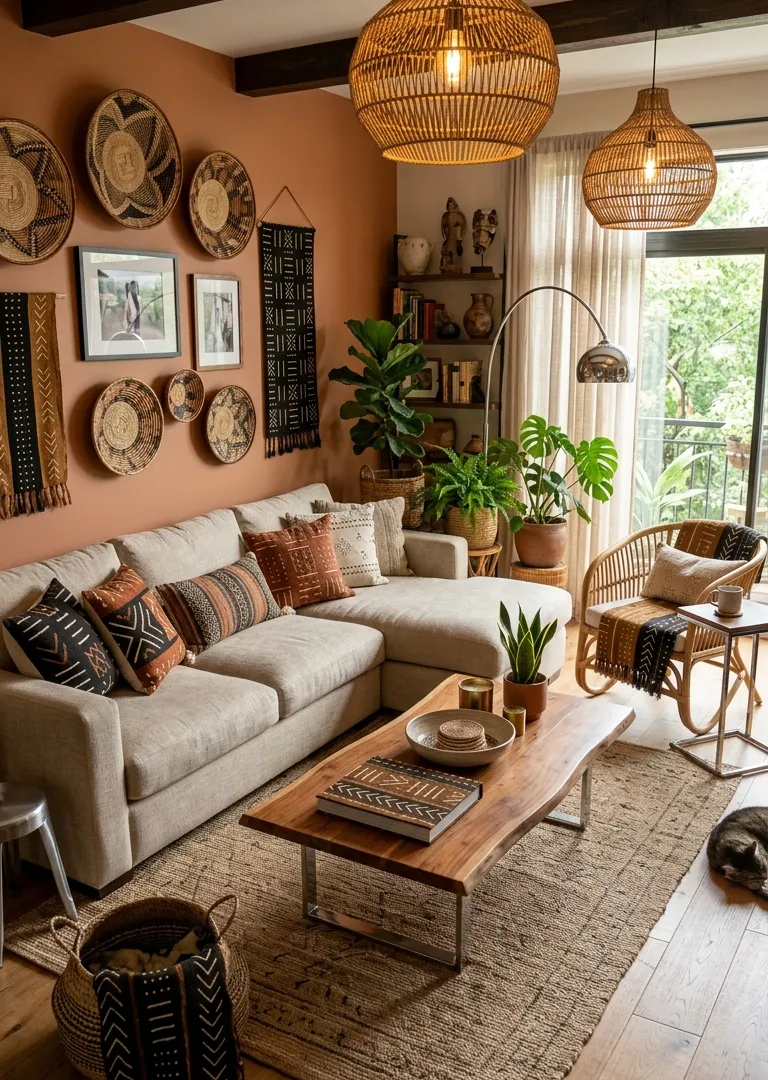Afrohemian fusion accents in bohemian living room decor, cultural boho style 2026