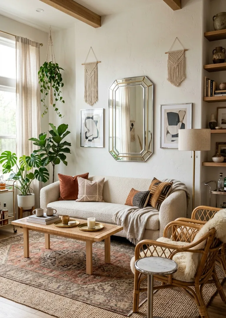 Light Neo Deco metallic touches in bohemian living room decor, modern boho fusion 2026