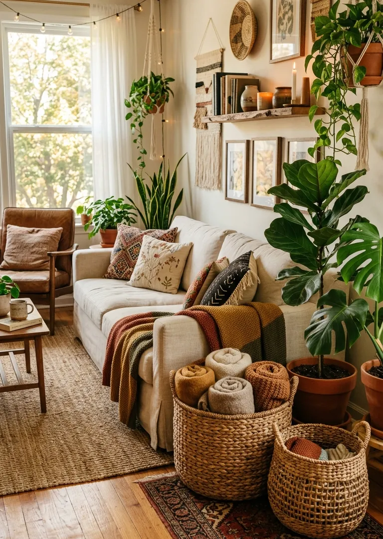 Handwoven baskets for storage in bohemian living room decor, practical boho style 2026