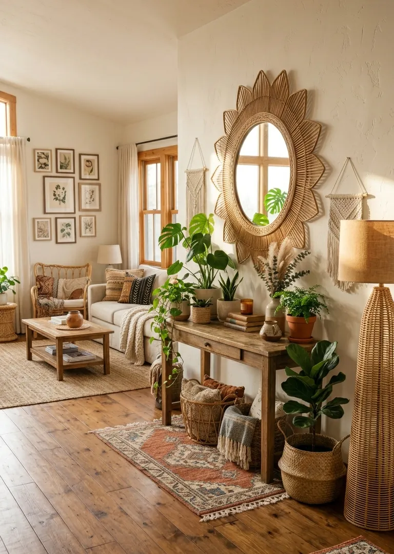 Statement boho mirror with rattan frame in bohemian living room decor, light-enhancing 2026