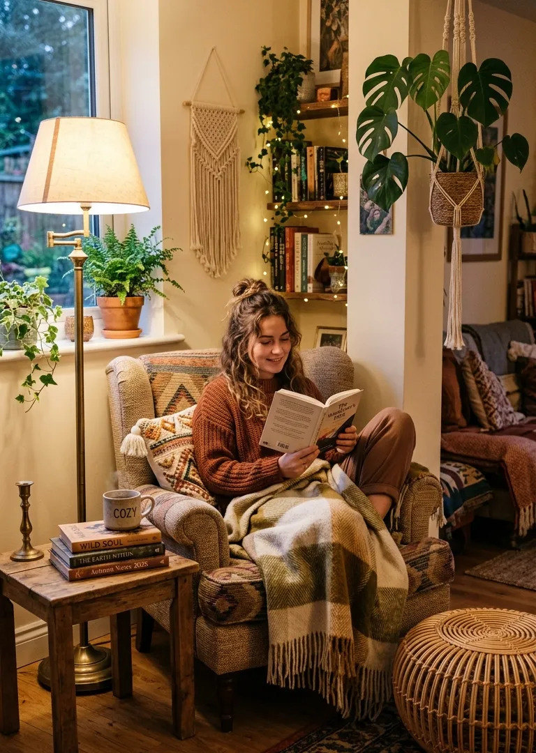 Cozy bohemian reading nook in living room decor, relaxing boho corner 2026
