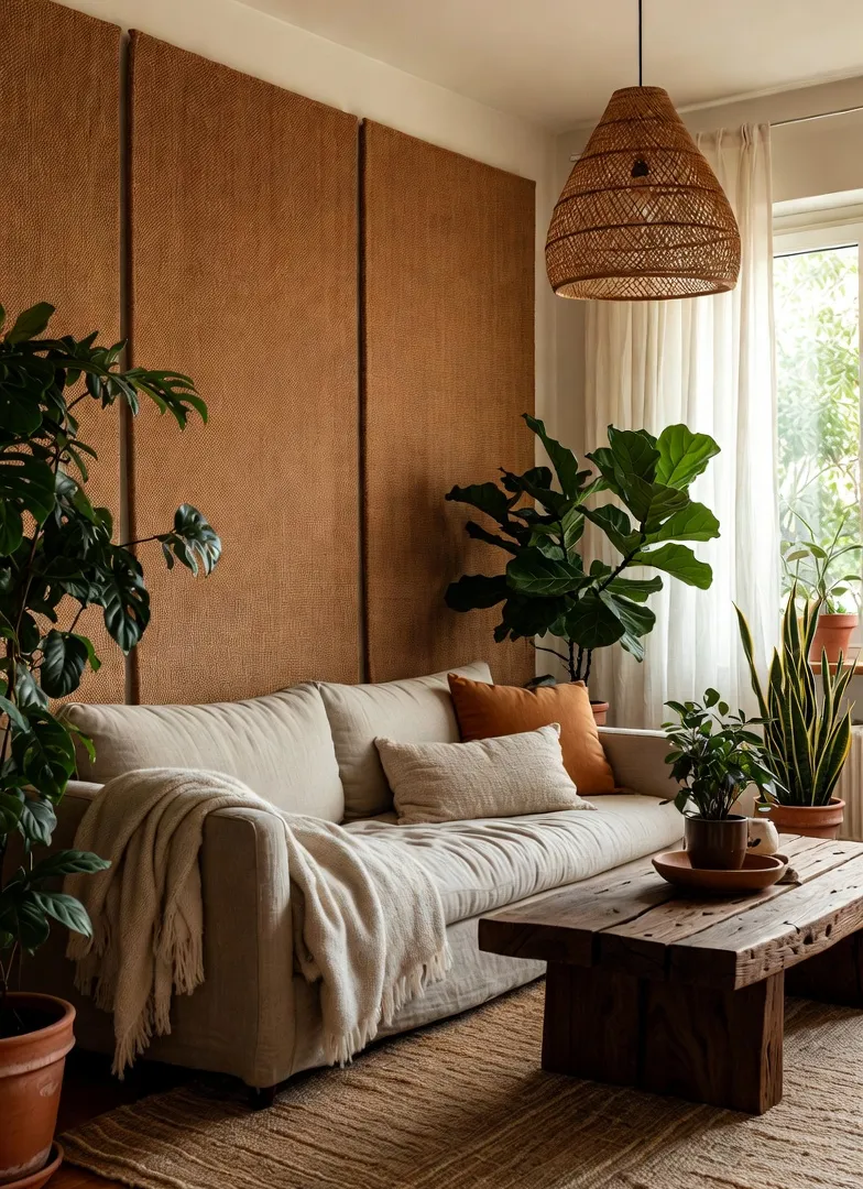 Small apartment living room with layered natural textures