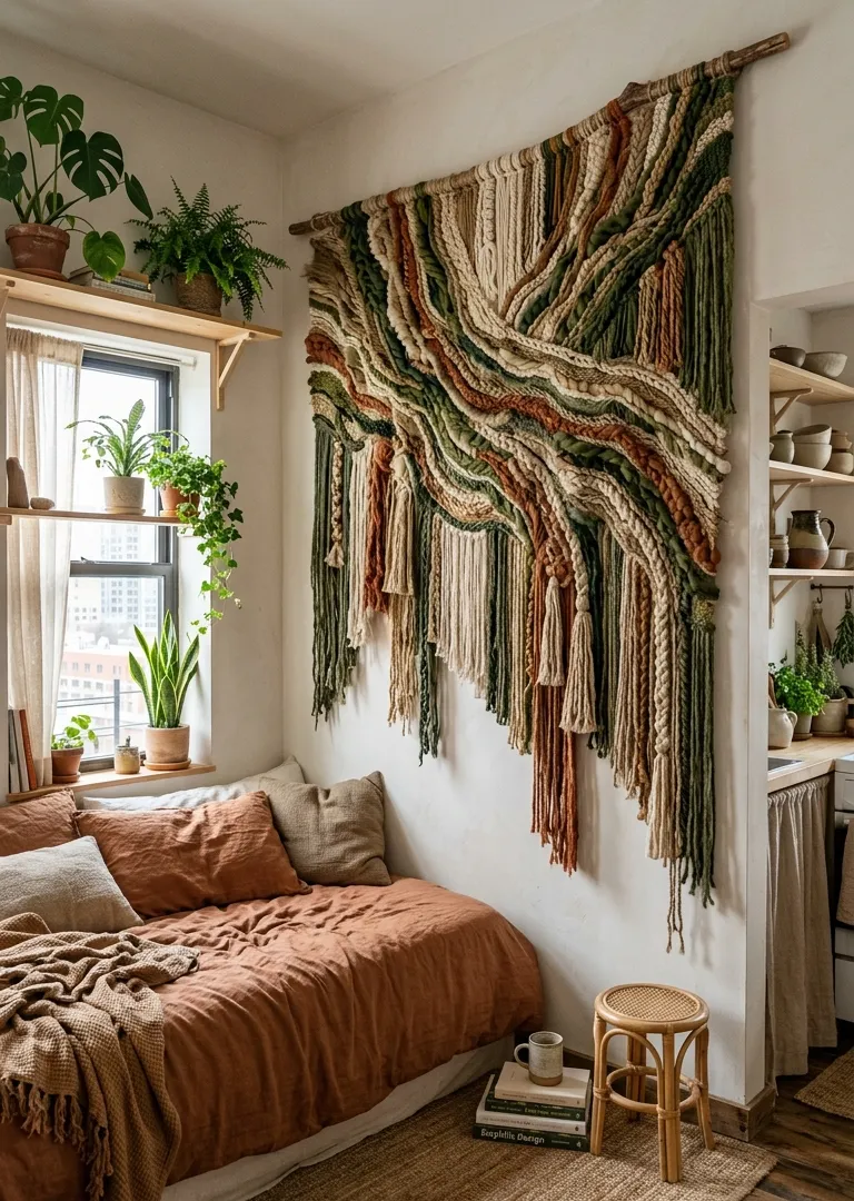 Large fiber art installation mimicking flowing grasses in tiny studio apartment,