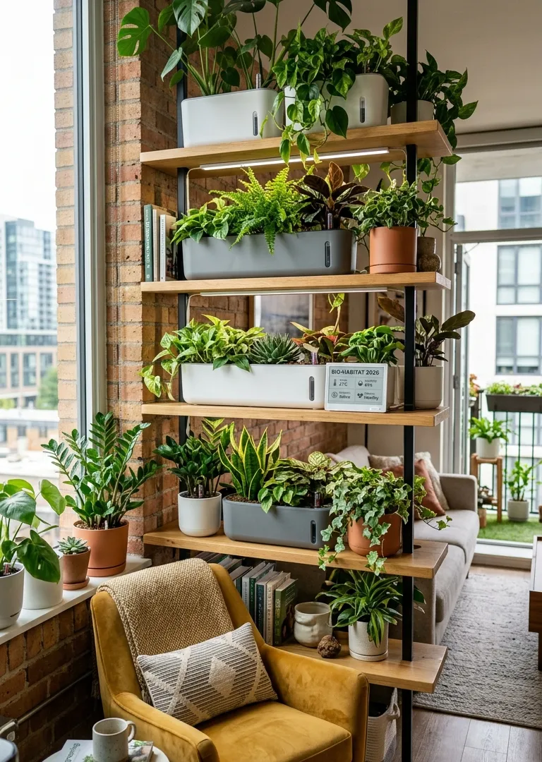 Smart biophilic plantscape on open shelving in small apartment