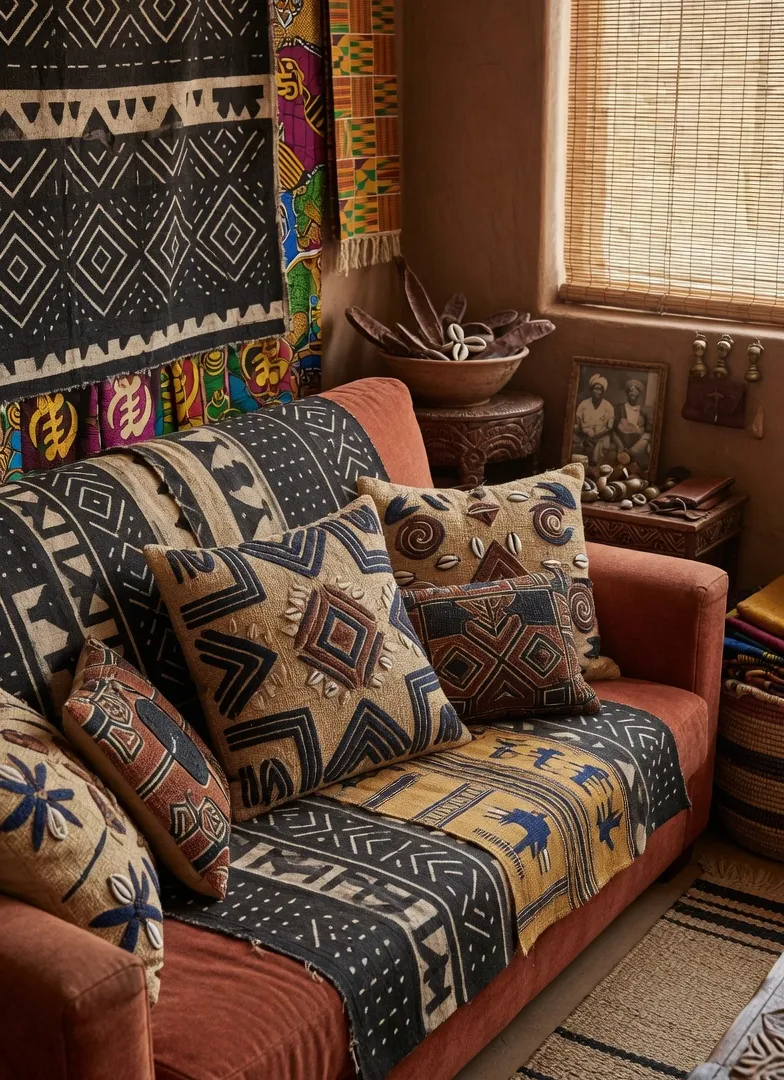 Afrohemian living room highlighting powerful African patterns and textiles