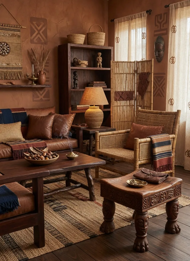 Afrohemian living room highlighting powerful African patterns and textiles