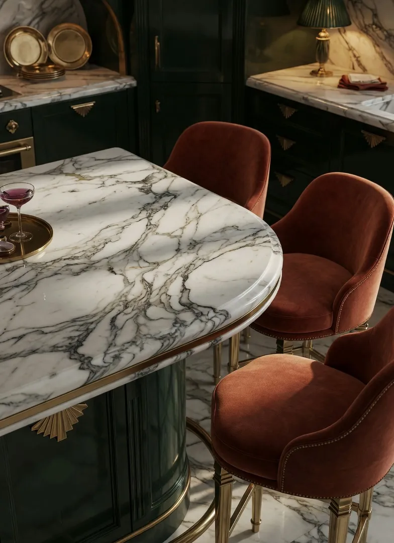 Neo Deco Bring in Velvet Seating for Glamorous Kitchen Decor