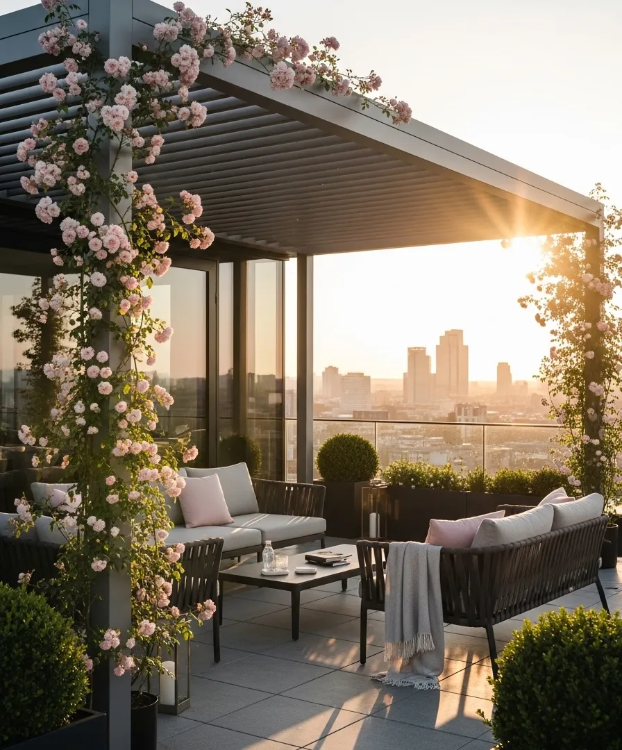 Architectural Rooftop Climbing Rose Trellis Ideas