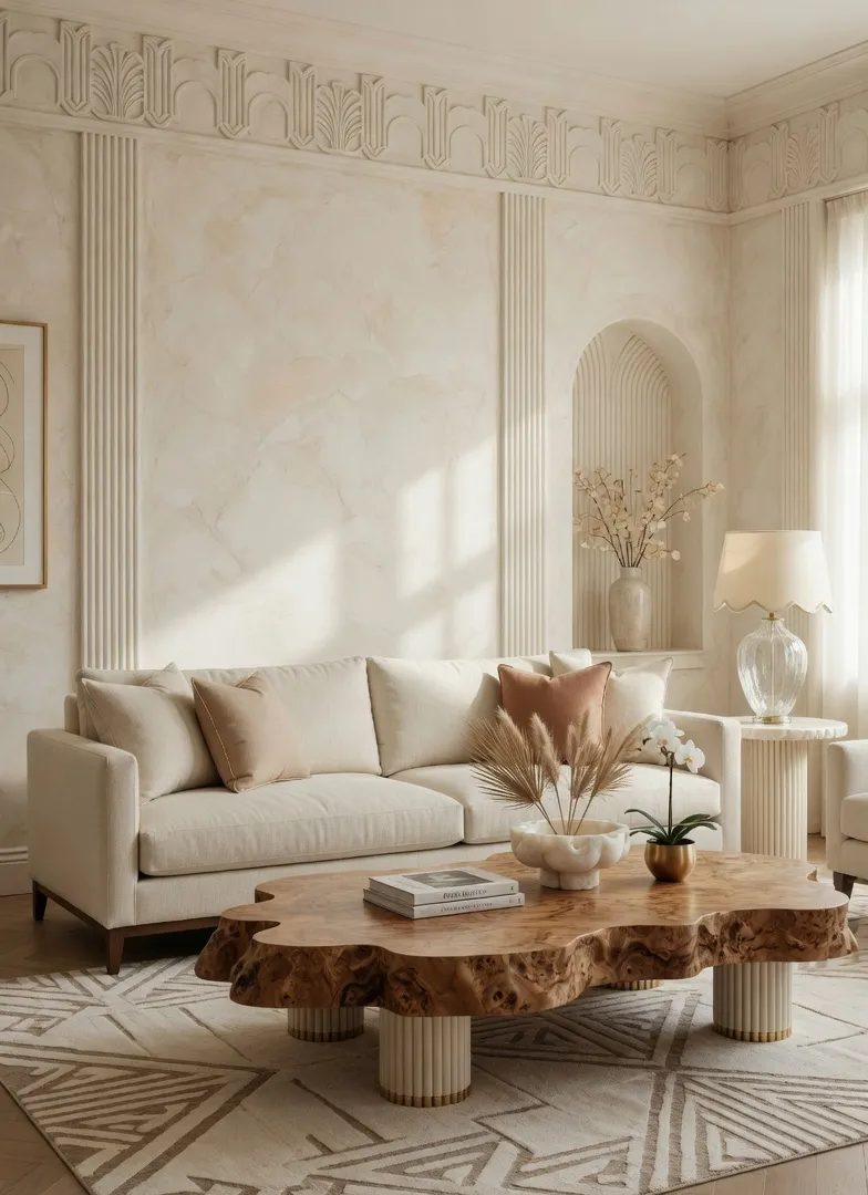 Alabaster Cream & Rich Burl Wood Textural Neo Decor Living Room