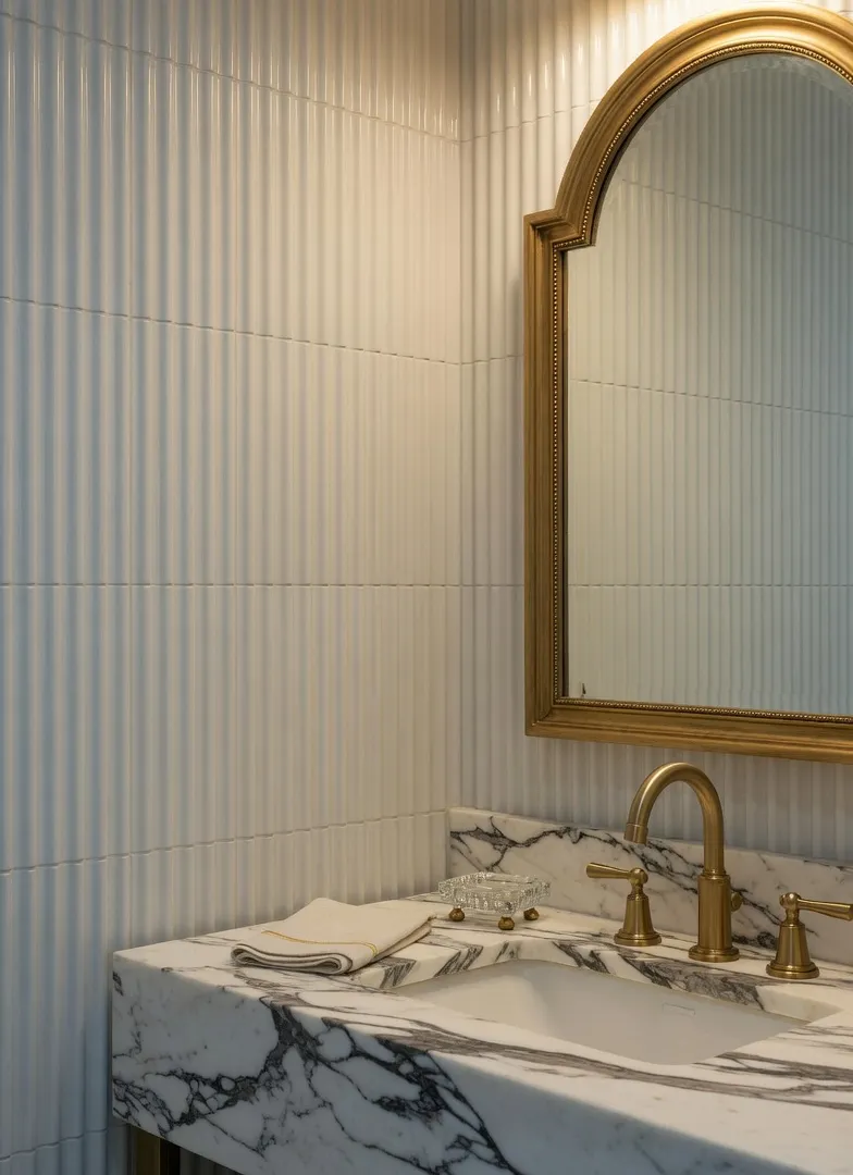 Cream fluted tile bathroom wall with vertical shadow detail and satin brass faucet in Neo Deco style