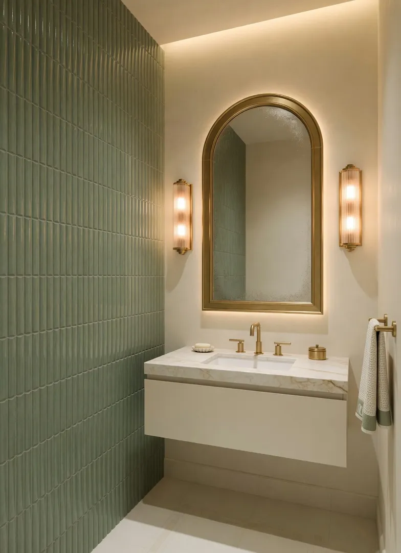 Small Neo Deco bathroom with sage green fluted tile accent wall, floating vanity, brass arch mirror and warm LED lighting