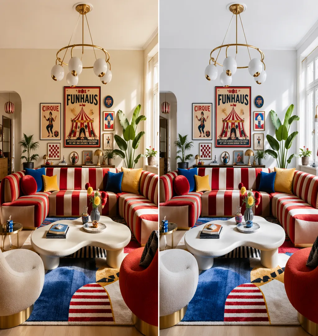 comparison of warm white and cool white wall backgrounds in FunHaus living room styling