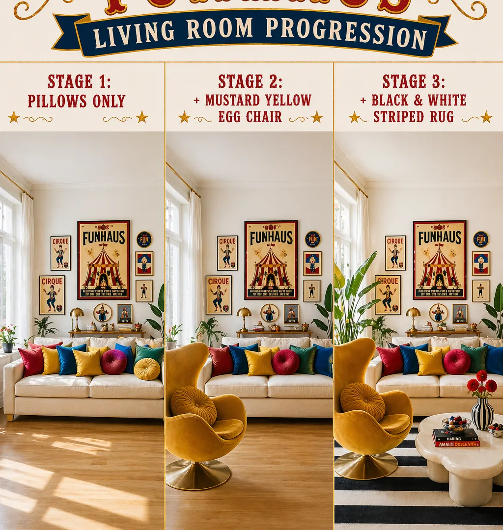 three stages of FunHaus living room decoration from minimal to complete