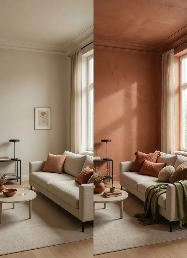 Same color family, opposite commitment level. The room on the left has earthy tones. The room on the right is an earthy room — that's the distinction worth understanding.