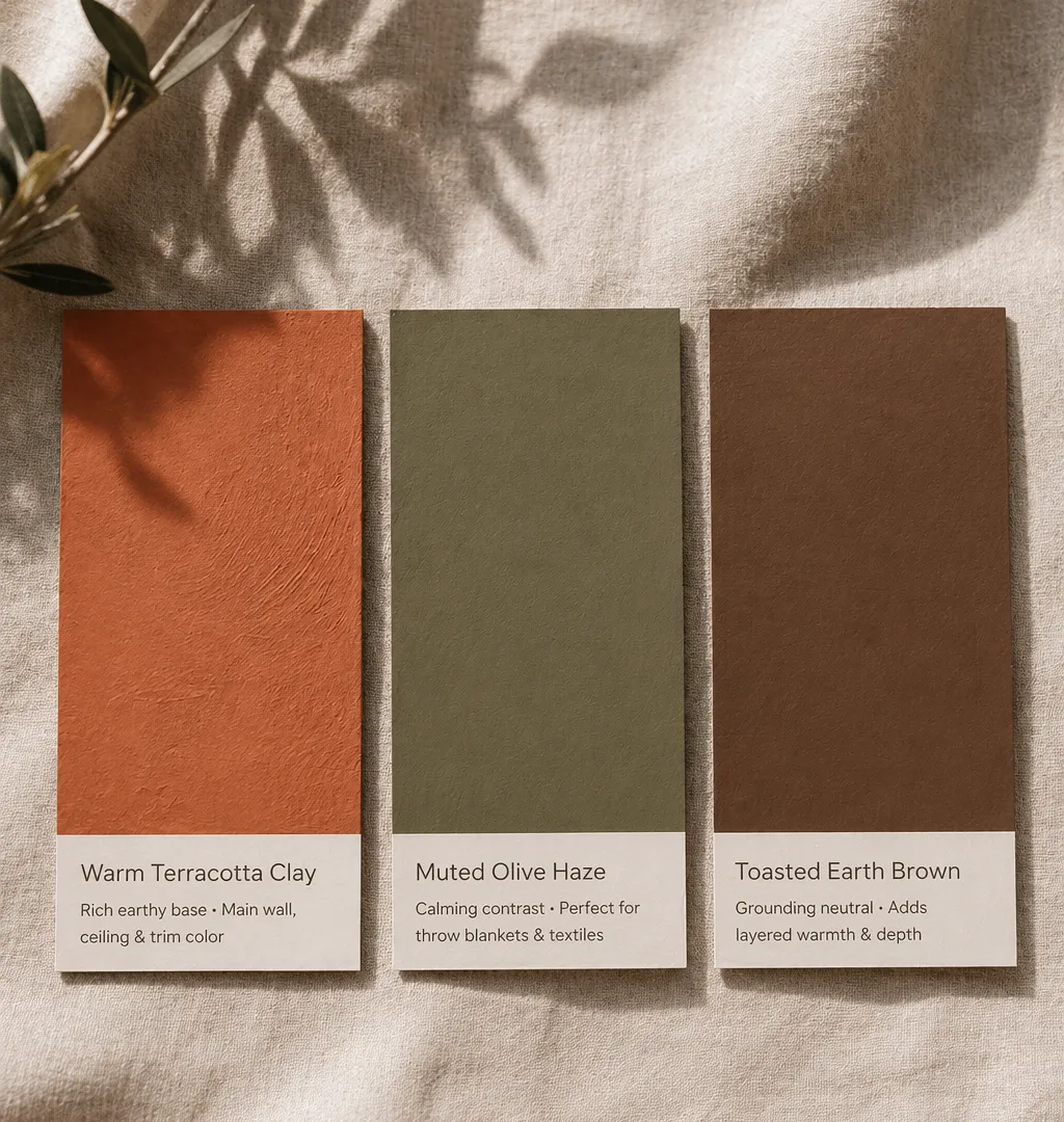 Three earthy paint swatches showing warm terracotta, olive green, and warm brown paint colors for color drenching interior design