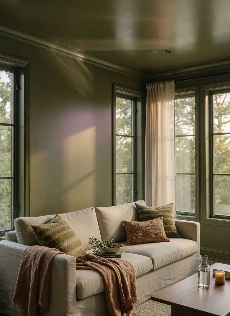 Living room fully drenched in rich olive green from a warm earthy palette, with satin finish beautifully catching light and soft shadows — proving the power of going all in with color.