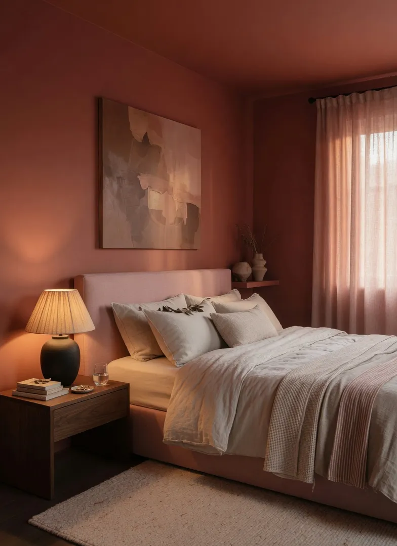 Cozy bedroom completely enveloped in warm terracotta and earthy clay tones through full color drenching, creating the ultimate cocooning sanctuary with a rich warm earthy palette.