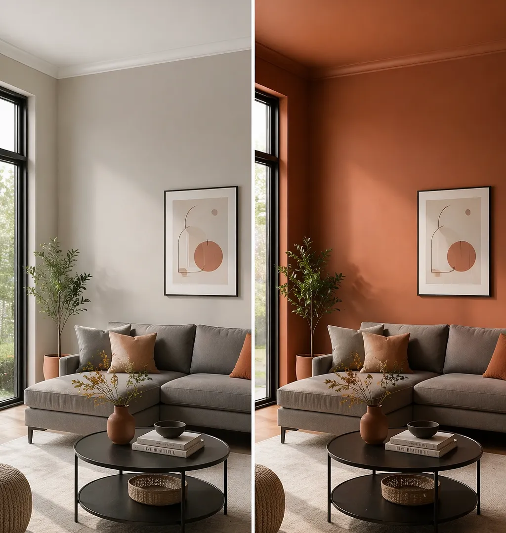 Before and after living room transformation from greige walls to full warm terracotta color drenching with identical furniture showing the effect of full color commitment