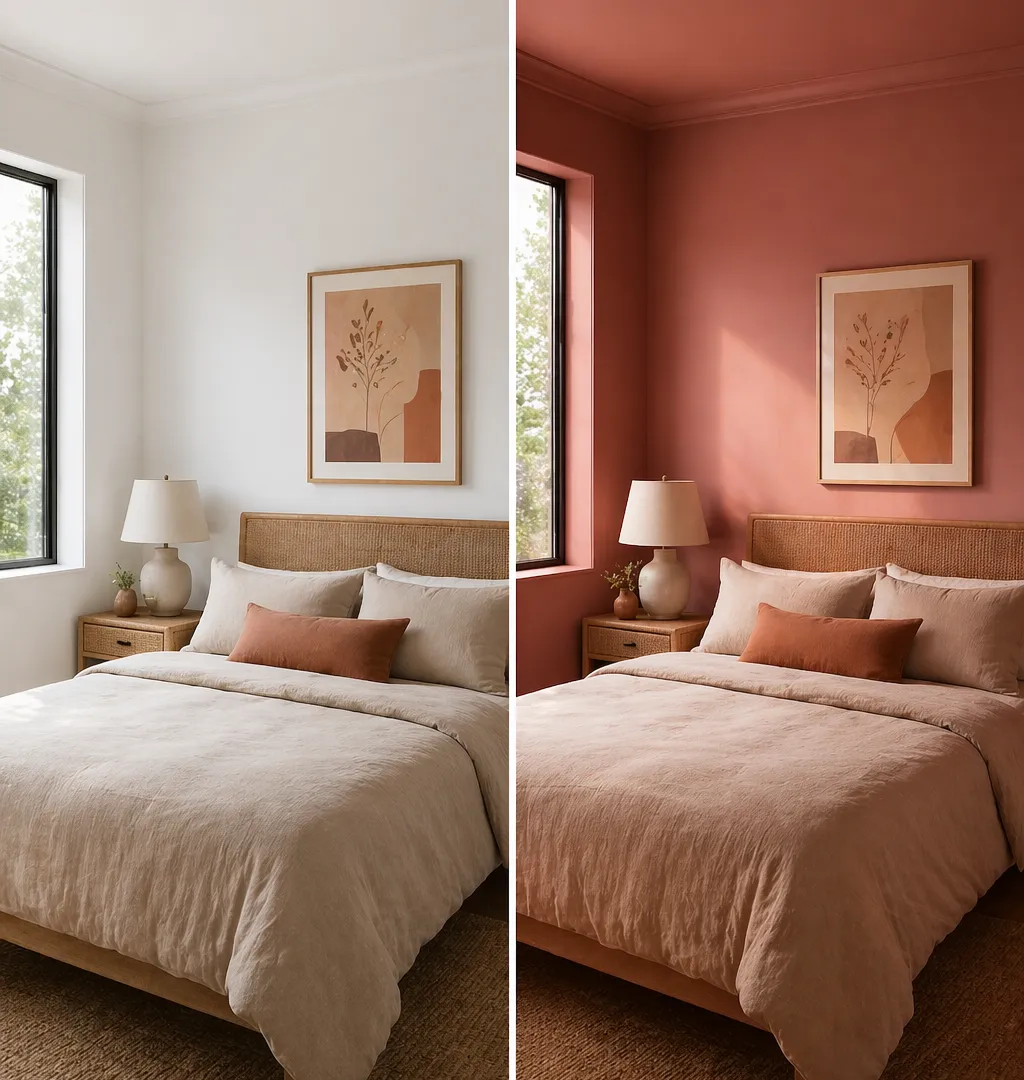 Master bedroom transformed by going all in with warm earthy color drenching — every wall, ceiling, and trim fully painted in Farrow & Ball Porphyry Pink, a rich terracotta-blush tone. The once cold, hotel-like white box now feels cozy and intentional, beautifully highlighting oatmeal linen and textured wicker furniture.