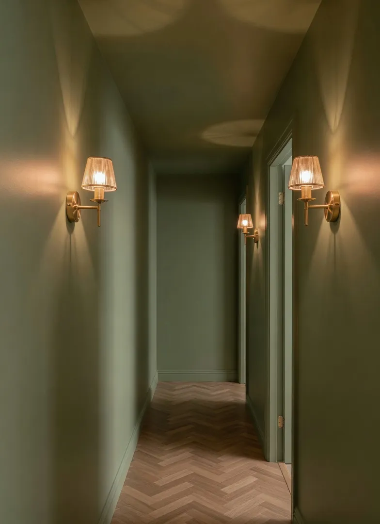 Narrow north-facing hallway transformed with olive green color drenching on walls ceiling and trim with brass wall sconces and warm lighting