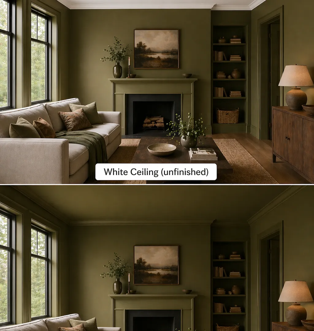 Comparison of olive green room with white ceiling versus olive green color drenching including ceiling showing the design impact difference