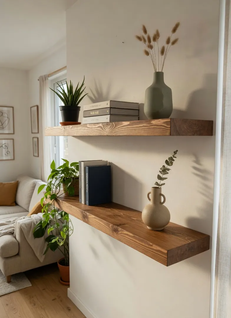 DIY floating shelves in warm walnut stain on concealed brackets styled with plants books and ceramic vase in living room