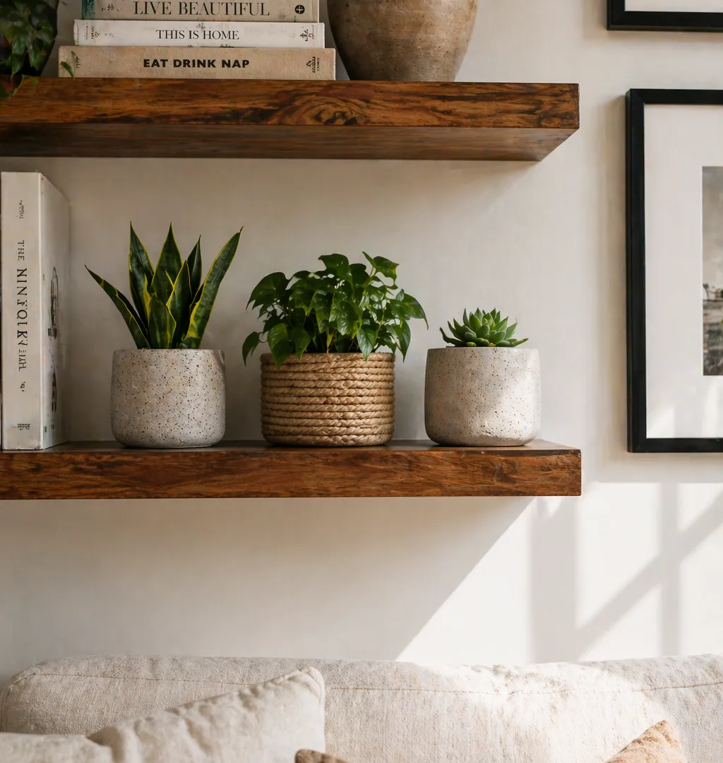 Three DIY concrete planters in mixed sizes on a windowsill with small green indoor plants, showing budget alternative to store-bought planters