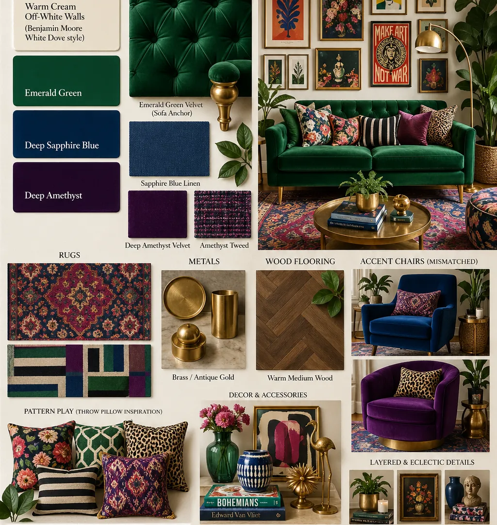 Funky Eclectic Decor colors Emerald green  sapphire blue  deep amethyst