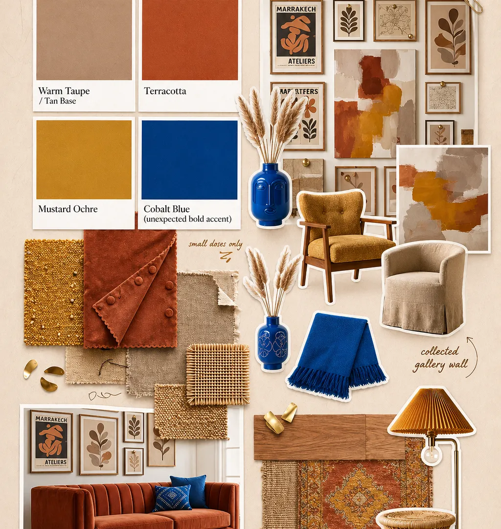 Funky Eclectic Decor colors Terracotta mustard warm taupe tan