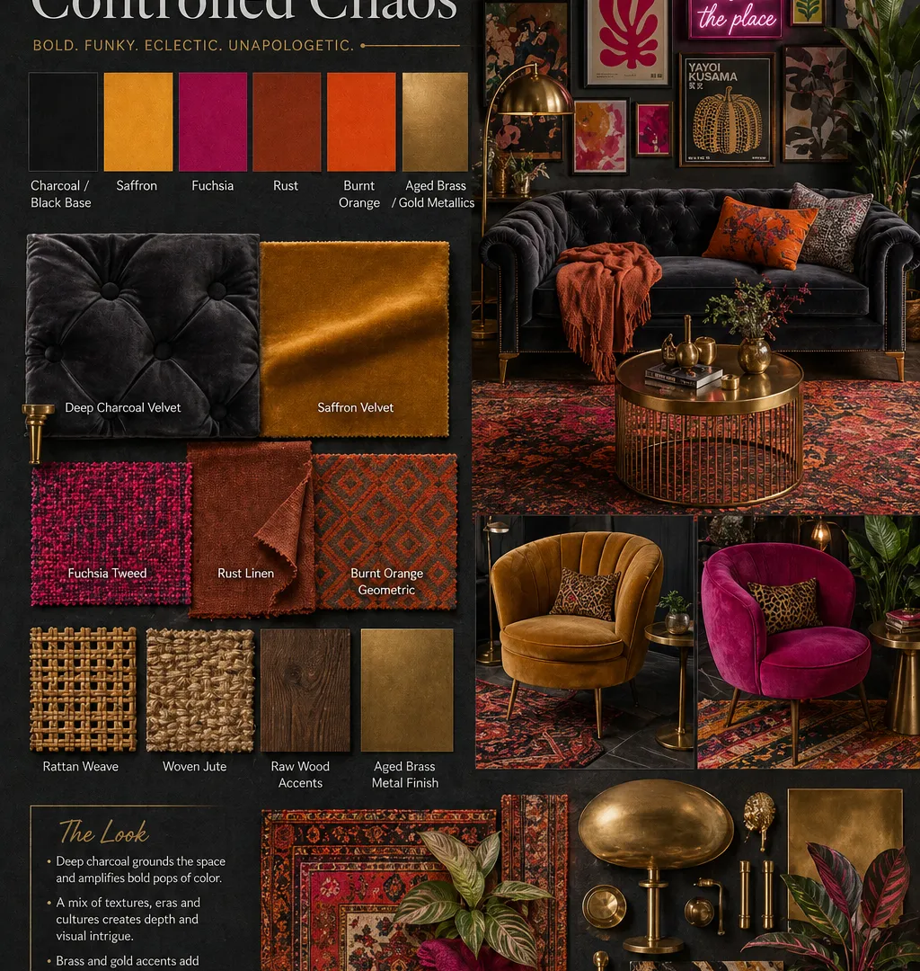 Funky Eclectic Decor  colors  Black or charcoal base  bold warm colors