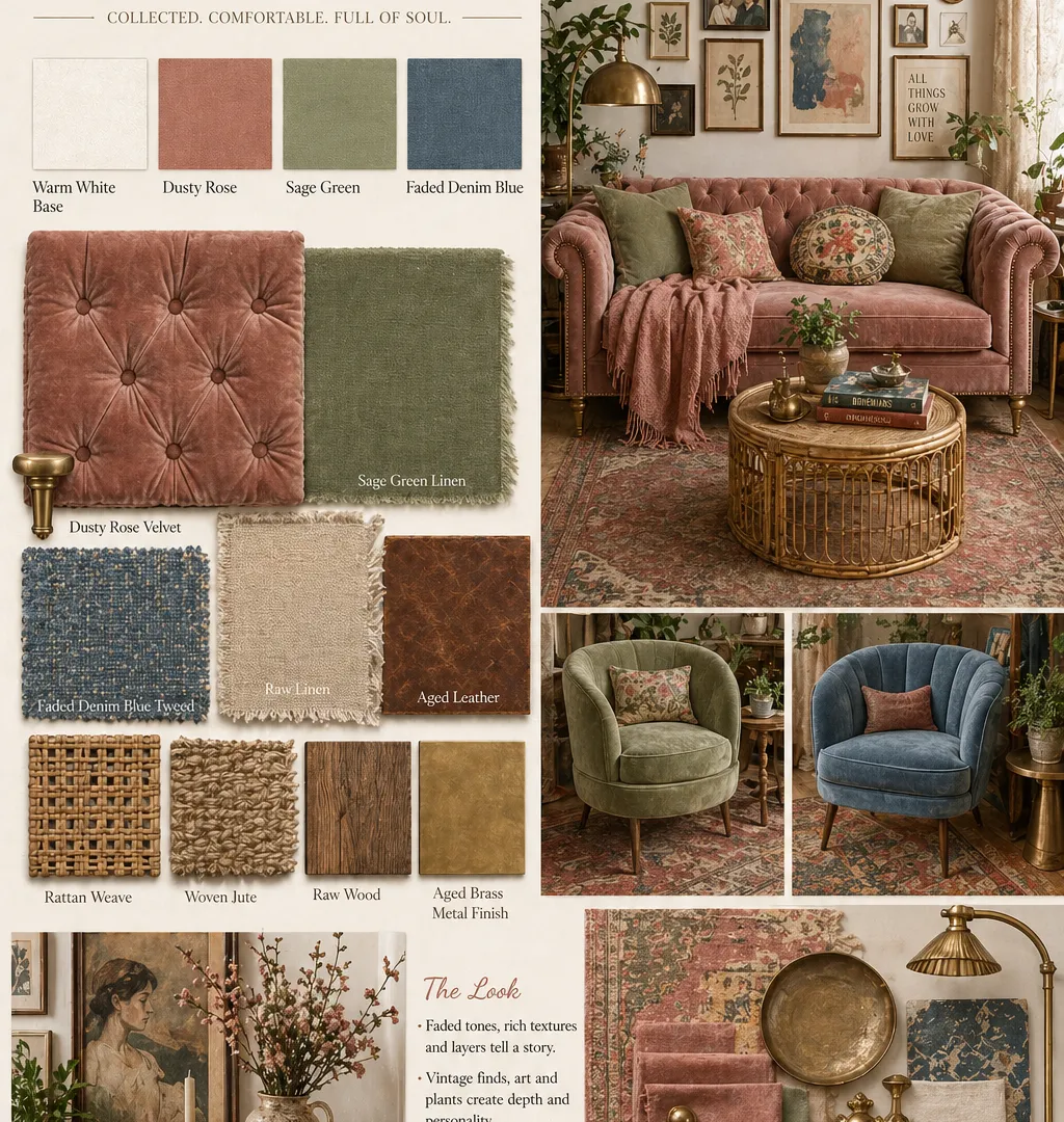 Funky Eclectic Decor colors Dusty rose sage green faded denim blue warm white