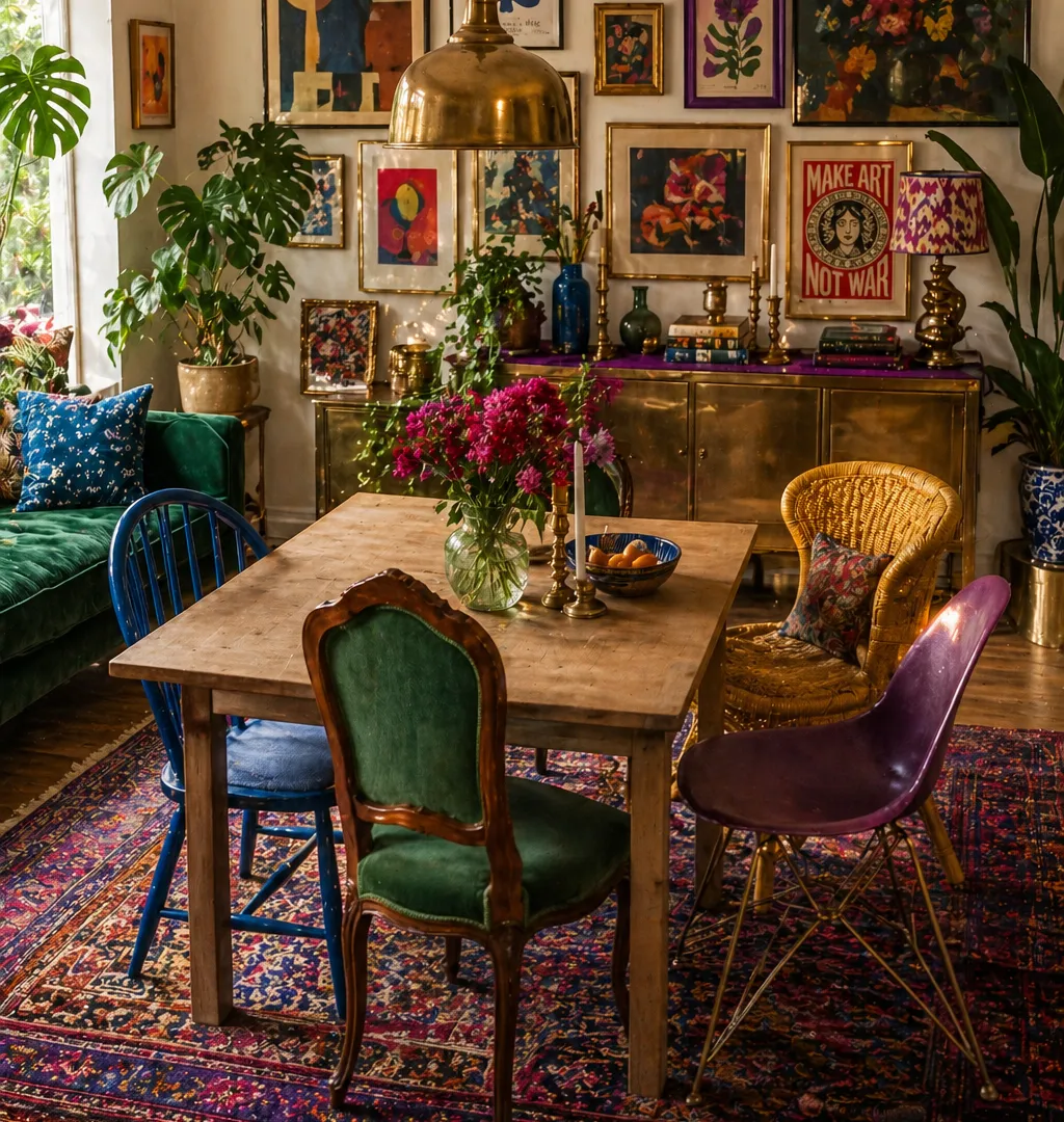 Funky Eclectic Decor Mismatched dining chairs around one simple table