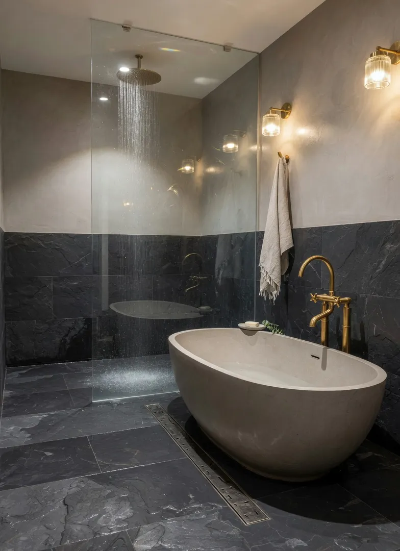 Wet room with freestanding tub and shower on slate tile