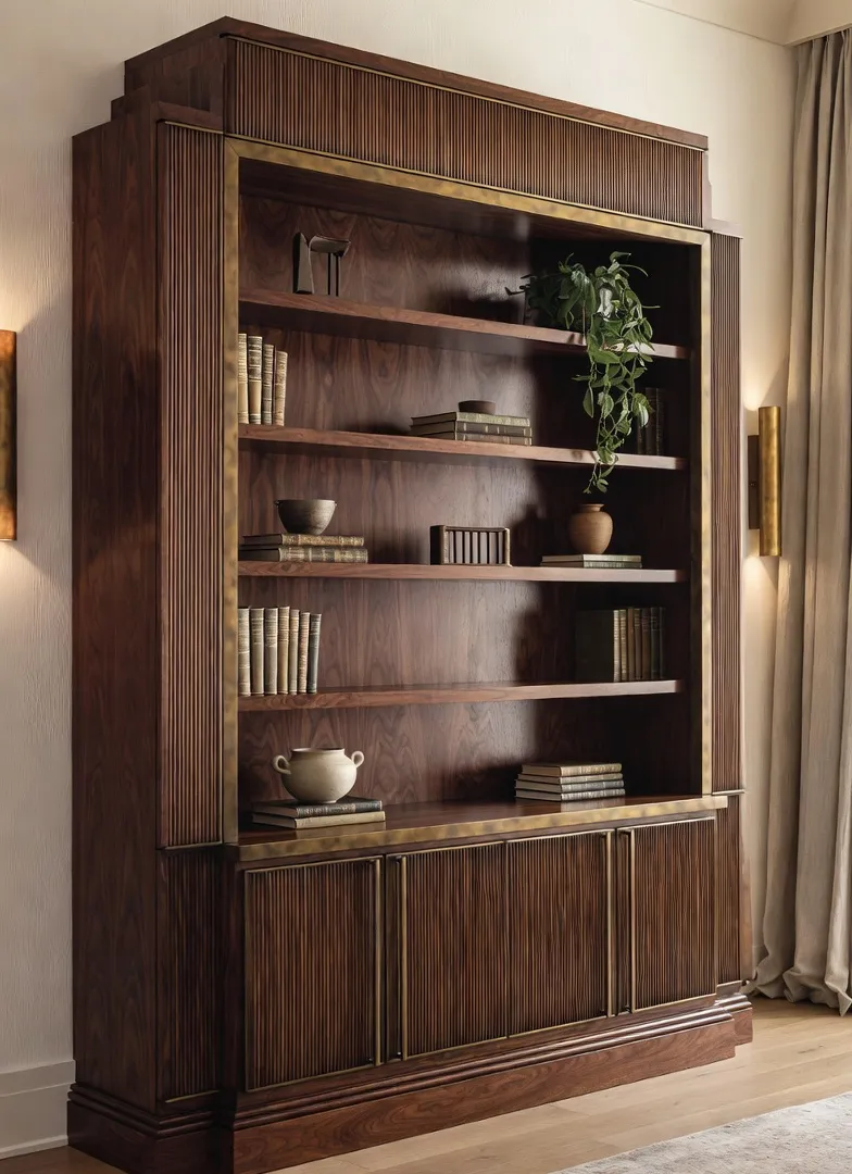 Fluted wood cabinet with brass Art Deco hardware