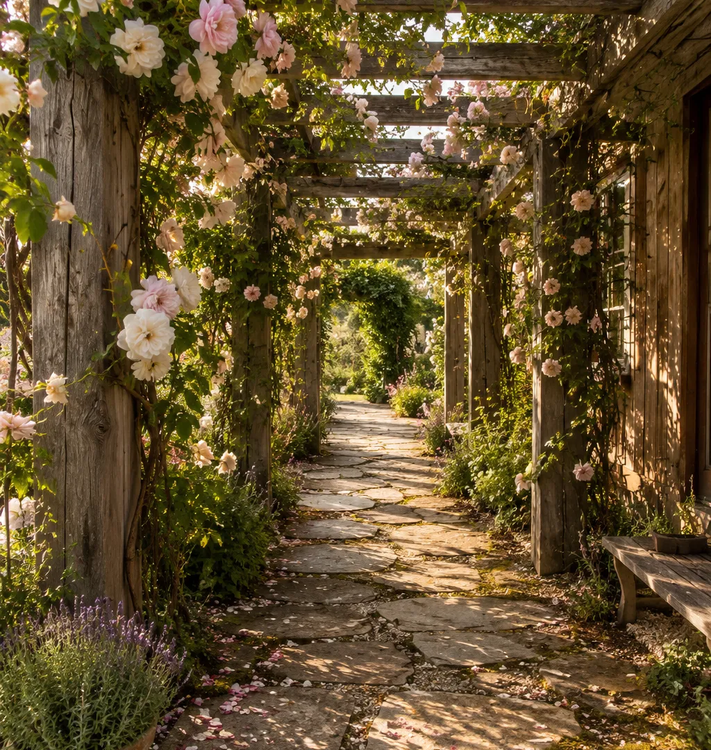 Weathered cedar pergola over irregular flagstone garden path