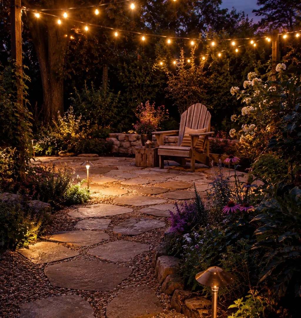 rustic garden at dusk.