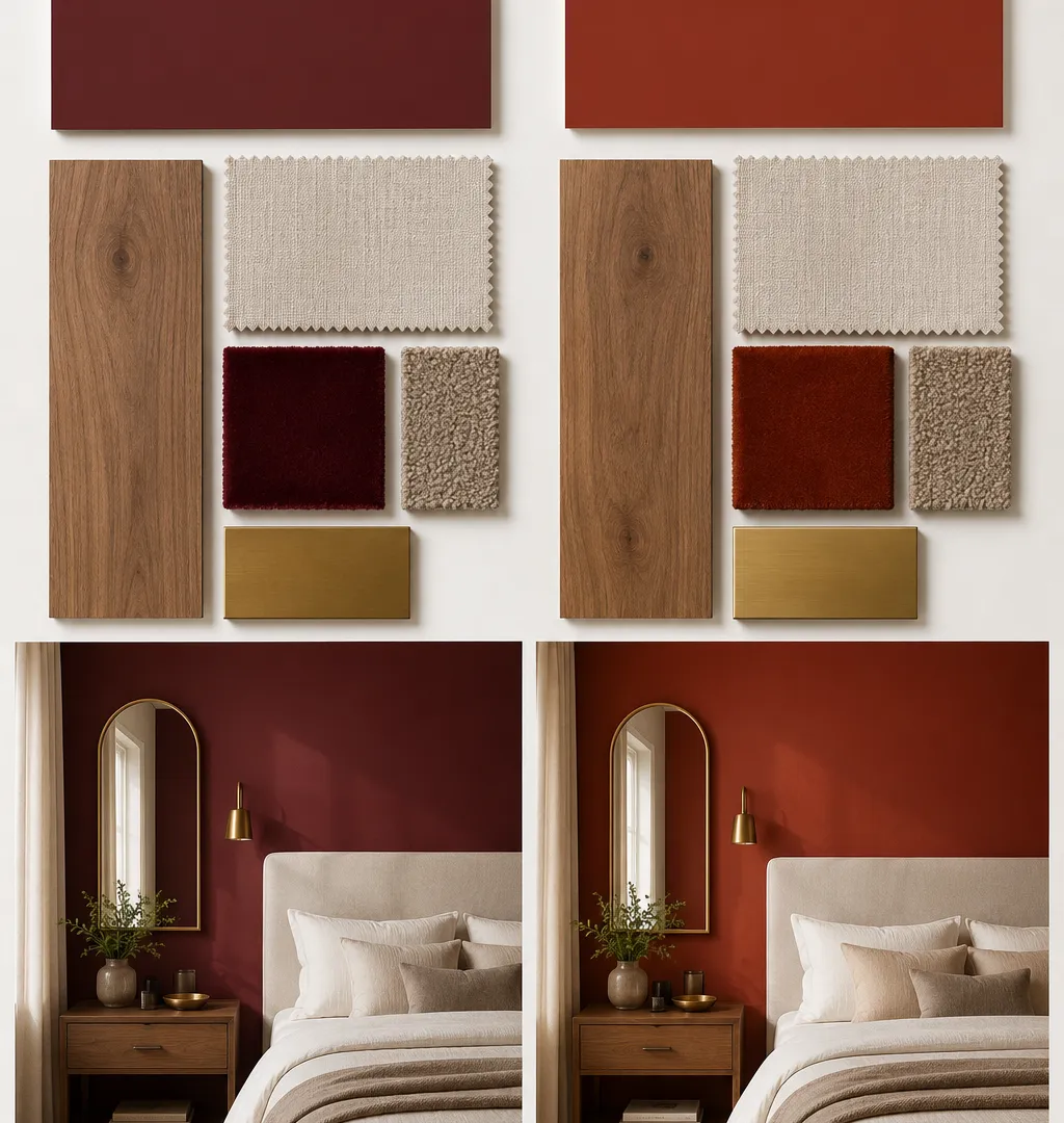 Paint swatch comparison showing blue-undertone Heritage Red versus orange-pull brick red in natural daylight