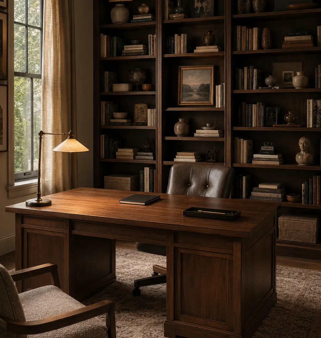 Home office with floor-to-ceiling bookshelves and a clear wooden desk with single lamp