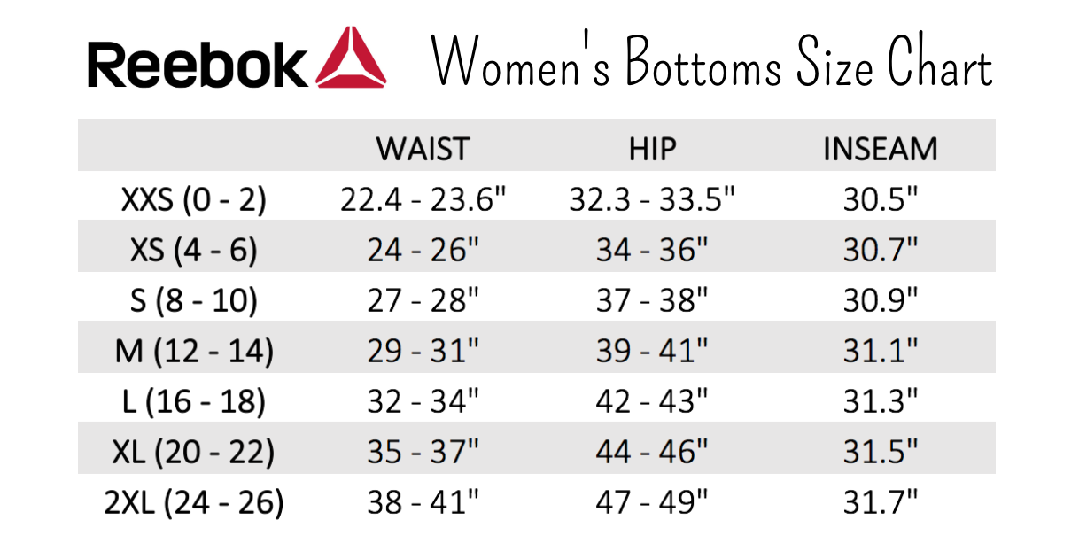 reebok size chart women's clothing