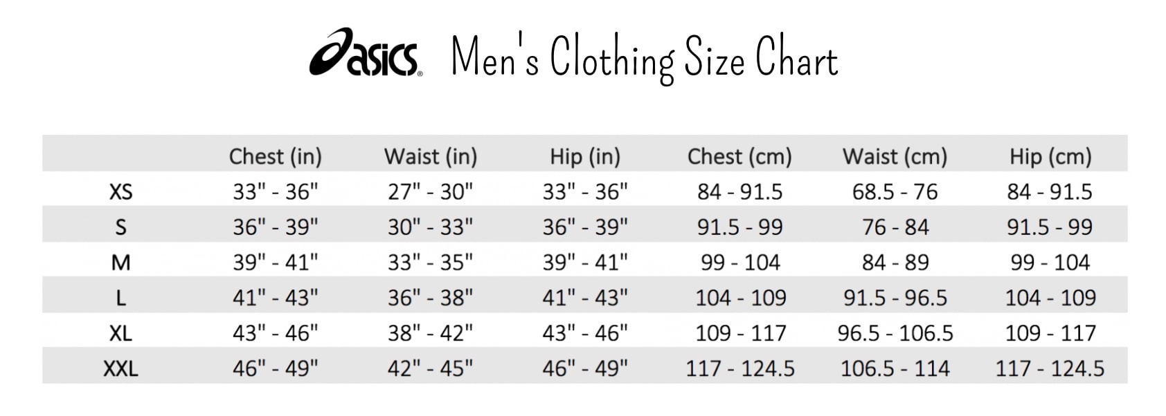 Asics Shirt Size Chart