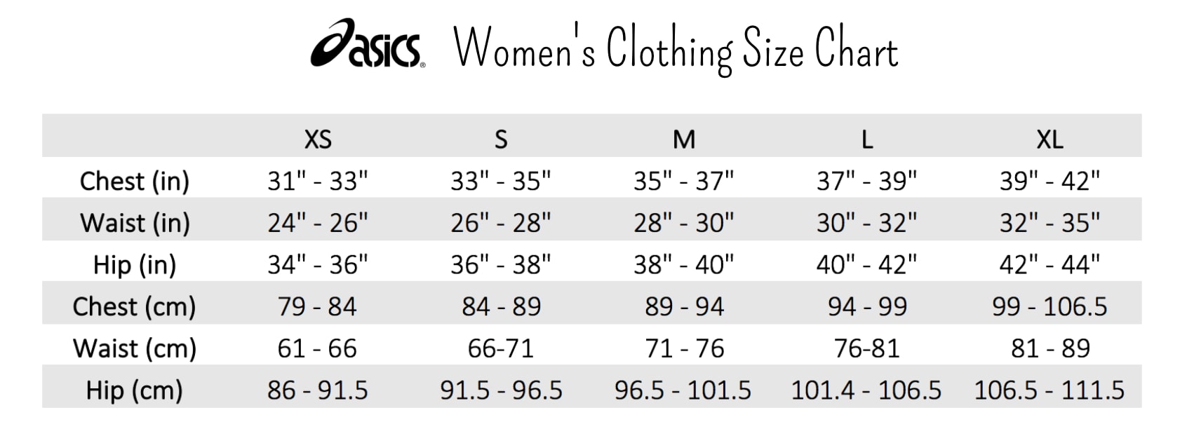 Asics Clothing Size Chart