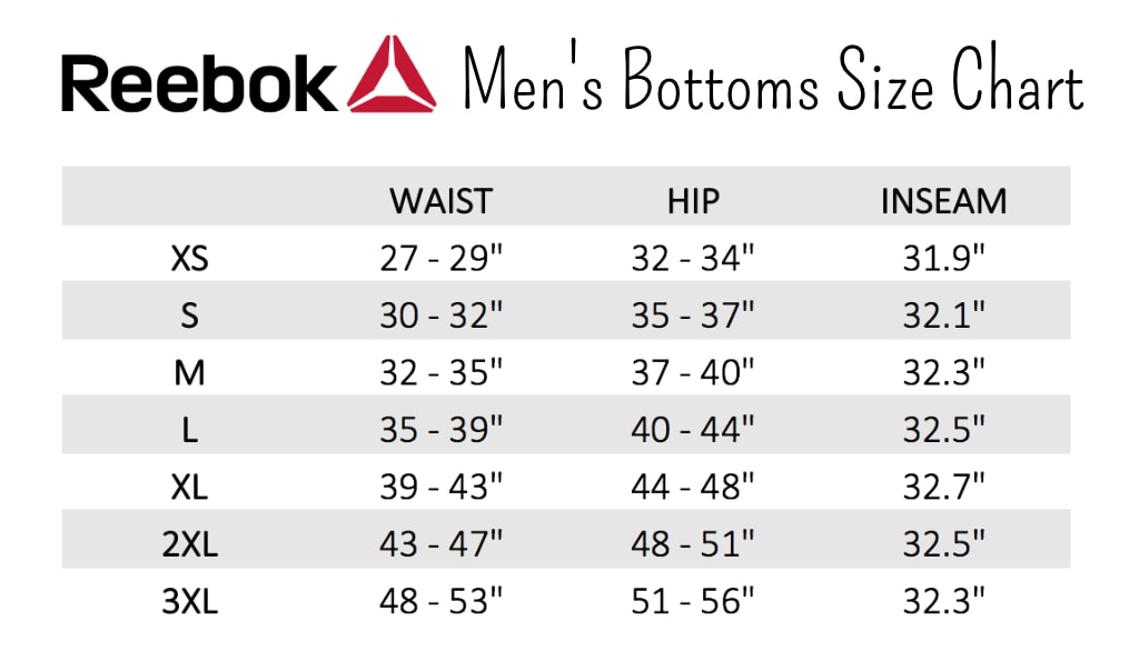 reebok apparel size chart