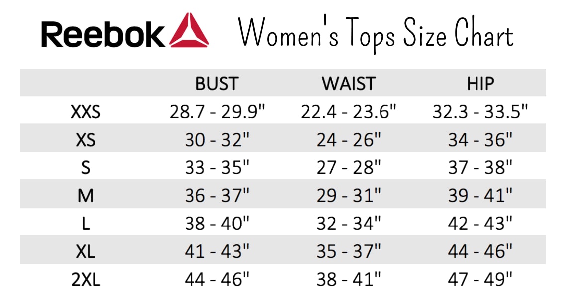 reebok women's apparel size chart