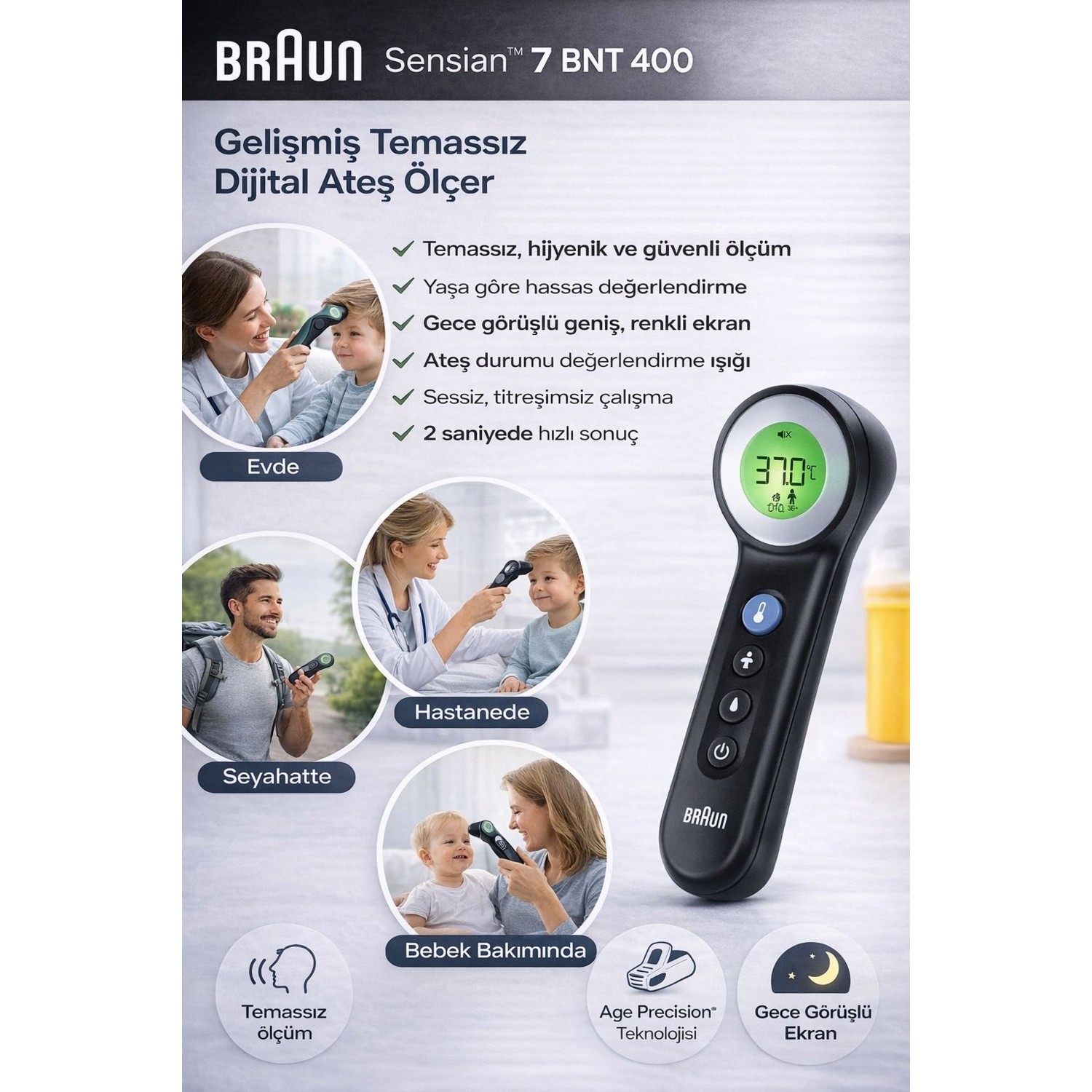 Braun Sensian 7 Bnt 400 Temassız Ateş Ölçer Dijital Termometre Alından Ölçüm Yaşa Göre Hassas Ölçüm - 2
