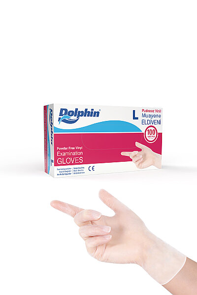Dolphin Beyaz Vinil Eldiveni Pudrasız L Beden 100 Adet -MDR - 1