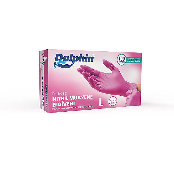 Dolphin Pembe Nitril Muayene Eldiveni L Beden 100 Adet - MDR - 1