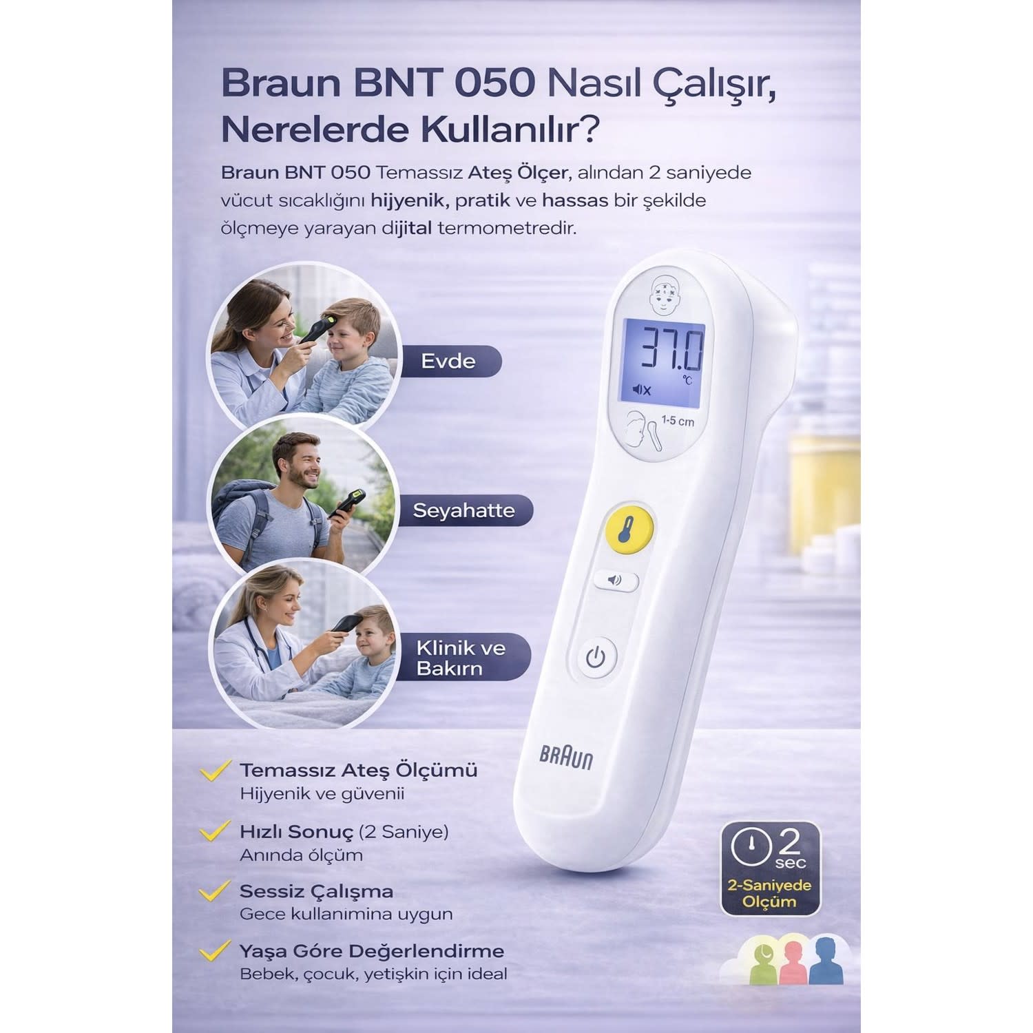 Braun Bnt 050 Sensian 3 Temassız Ateş Ölçer Dijital Termometre Alından Hızlı Ölçüm Bebek Çocuk Yetişkin 2
