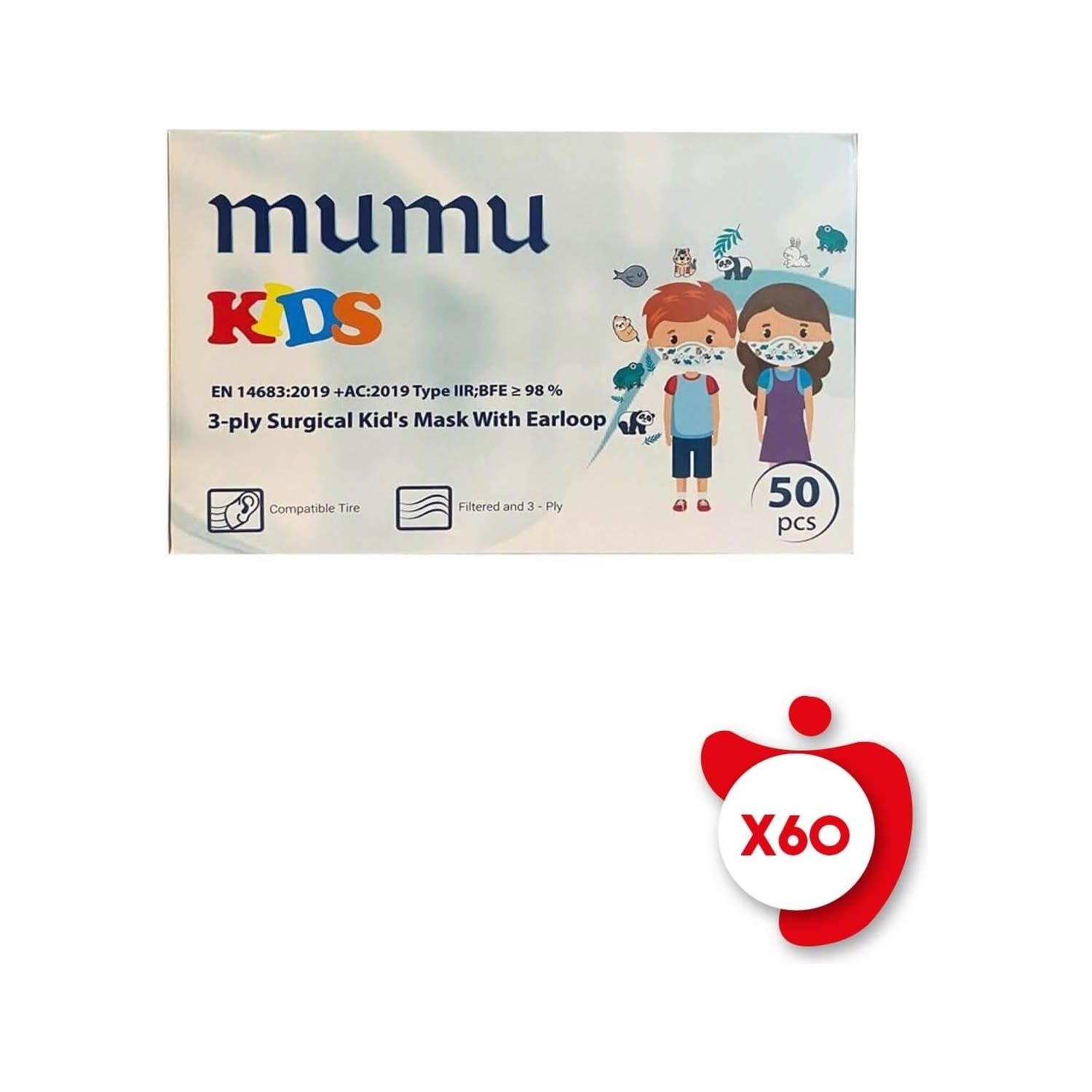 Mumu 3-Ply Surgical Kid's Mask With Earloop 50'Li 60 Paket
