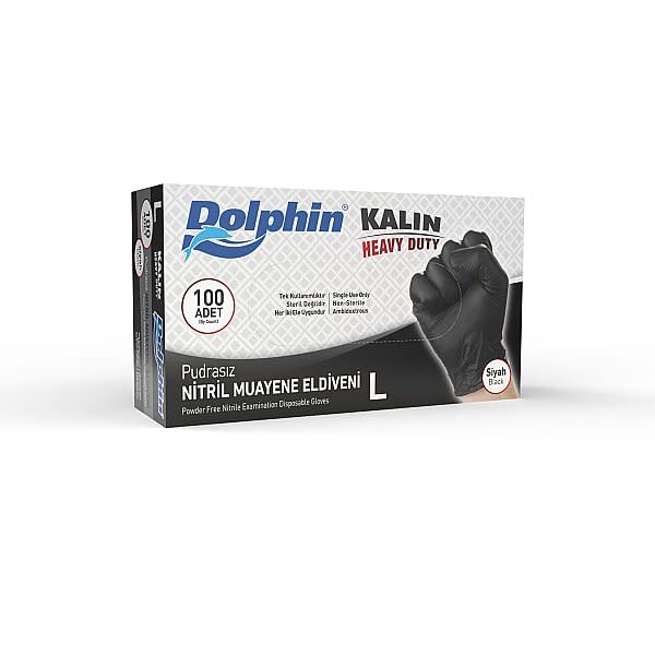 Dolphin Siyah Nitril Eldiven Pudrasız Ekstra Kalın L Beden 100 Adet x 10 Paket - MDR - Koli